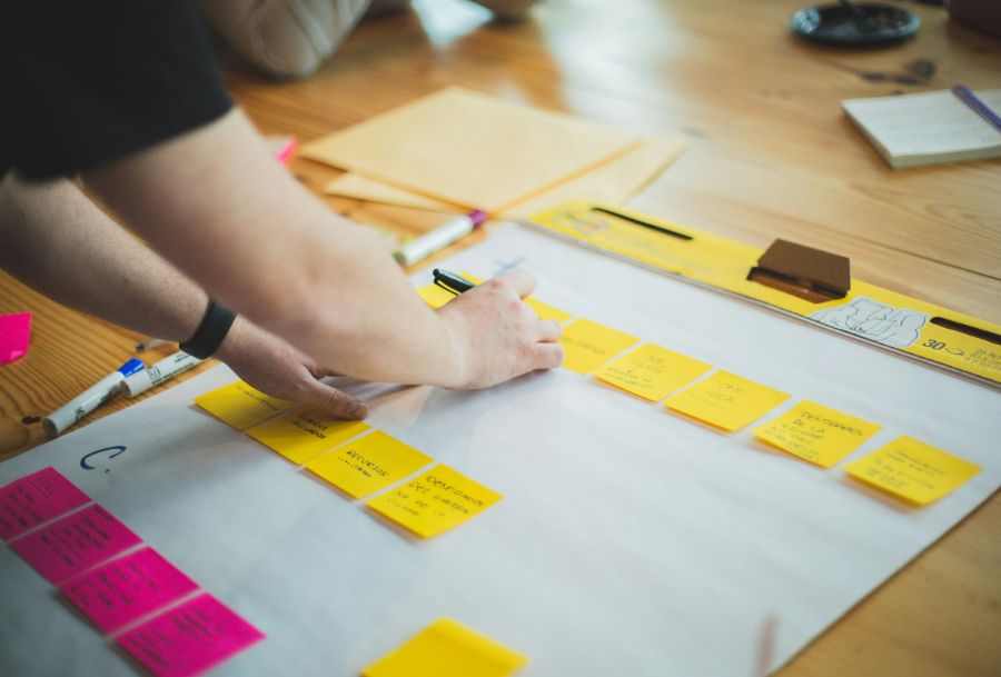 Person adding post-it notes to a large sheet of paper